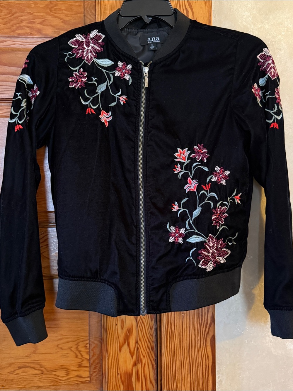 Ana Whimsigoth Black Velvet Floral Embroidered Full Zip Bomber Jacket Size S